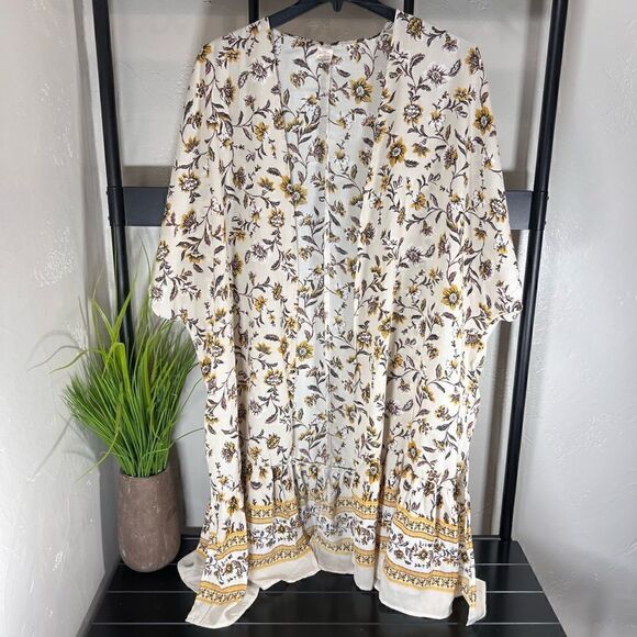 kimono cream brown golden floral cardigan duster size S/M - Picture 6 of 13